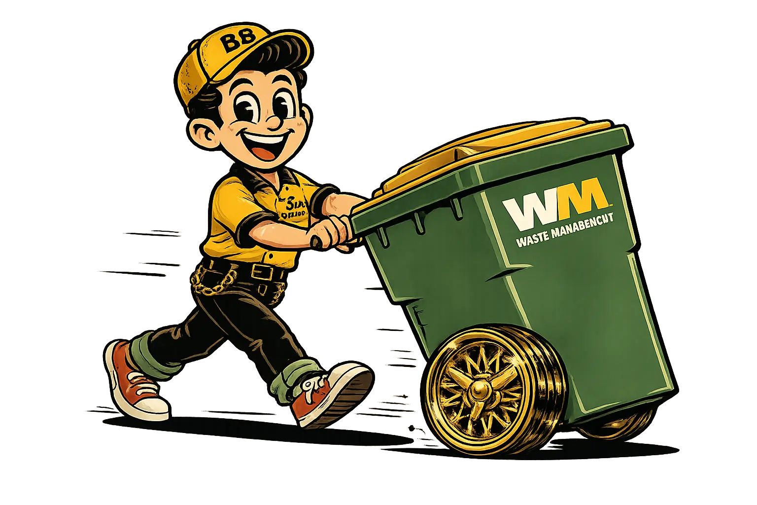 Cartoon mascot rolling a garbage bin with gold spinner rims